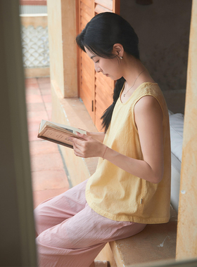 【照本堂】2025舒适棉麻面料女装30支亚麻简约内搭背心睡衣W12619