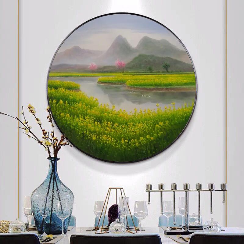 纯手绘油画玄关圆形风景装饰画手工绘制油菜花春天景色成品圆框画