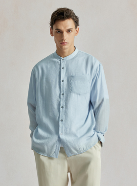 Bland Yeah【抗皱泡泡纱】秋蓝色小立领衬衫长袖中式风轻薄上衣男