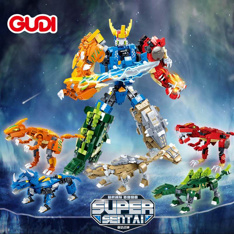 古迪积木5合1变型机器人工程车儿童益智男孩玩具汽车恐龙40501-2