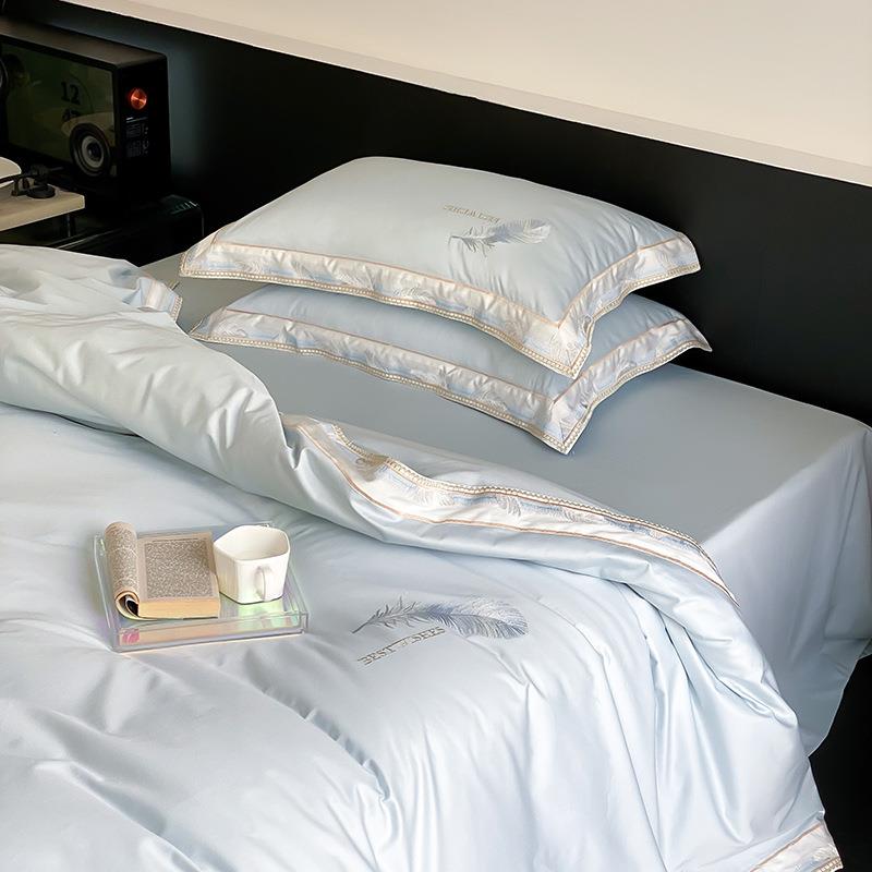高端轻奢风100支双股澳棉四件套羽毛刺绣纯棉被套1.8床上用品