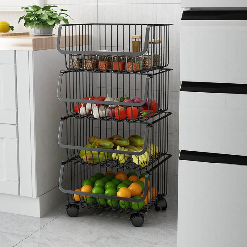 厨房蔬菜置物架落地多层可移动家用果蔬架子放菜架水果收纳筐篮子