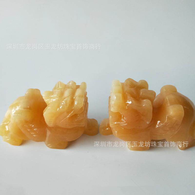 镇平玉龙坊天然米黄玉貔貅摆件一对皮休工艺品直销