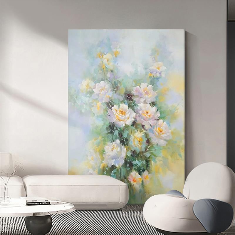 花开富贵牡丹手绘油画玄关抽象花卉肌理画美式竖版装饰画落地挂画