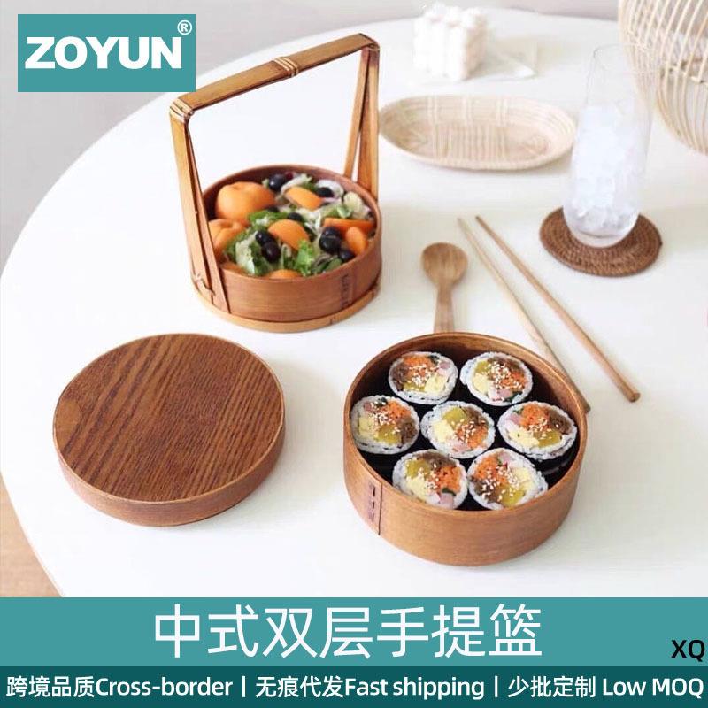 中式双层手提篮便当盒收纳点心野餐木制便携古风食盒点心篮家用