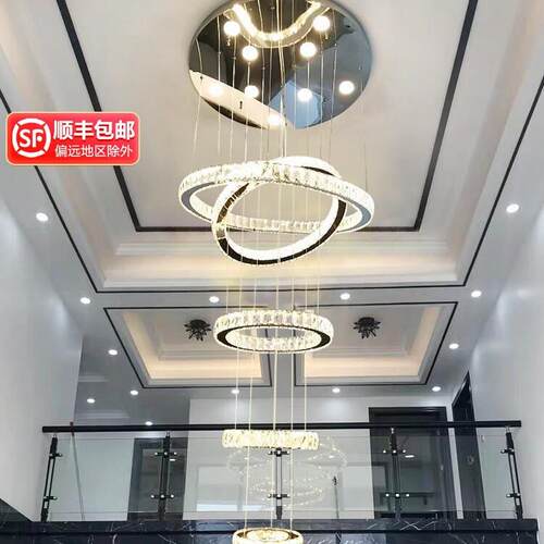 现代loft公寓小复式楼中空客厅大吊灯挑空挑高轻奢水晶楼梯间灯长