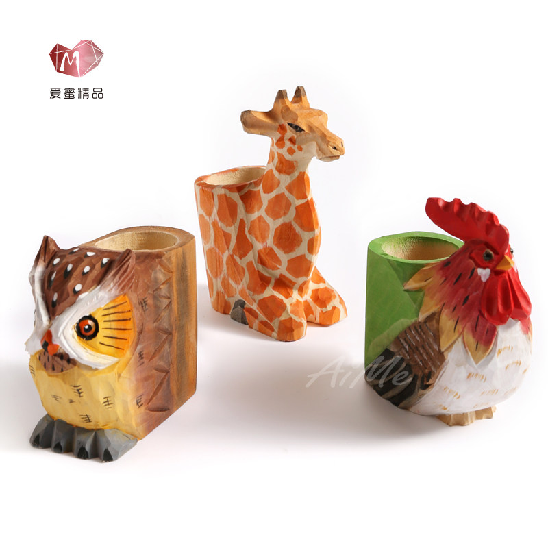 工艺礼品笔筒e摆件创意木雕动物火烈鸟笔筒艺术文具收纳儿童节礼