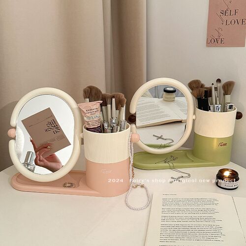 奶油少女风多功能l旋转化妆镜带刷子收纳筒女生宿舍桌面台式梳妆