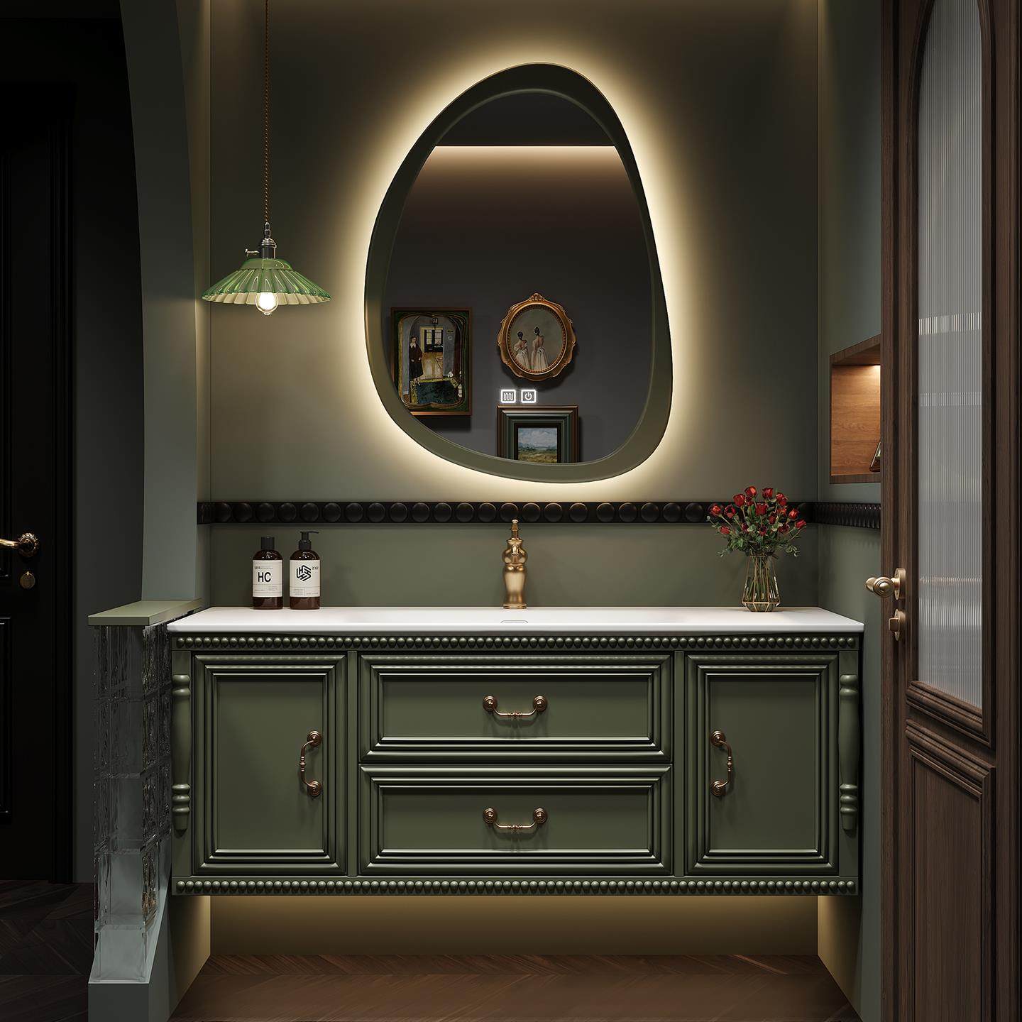 法式覆古橡木浴室柜组合岩板热弯一体卫生间洗脸洗漱台洗手脸盆柜,家装主材,智能浴室柜组合,淘宝优惠券,粉丝福利购,淘宝优惠卷