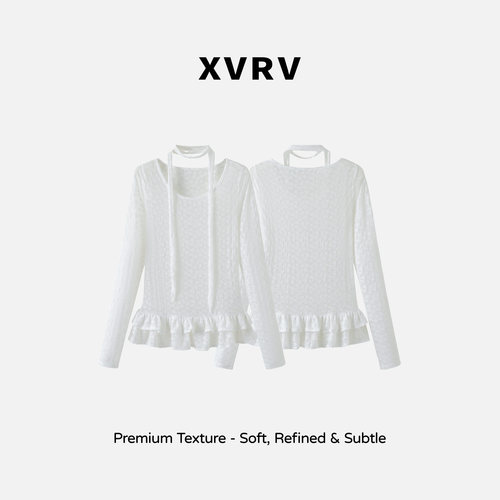 XVRV2026秋季新款蕾丝罩衫长袖纯欲荷叶边打底衫上衣休闲运动T恤