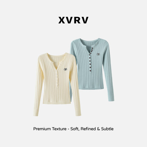 XVRV早秋新款亨利领V领针织衫休闲显瘦上衣户外百搭运动长袖T恤女