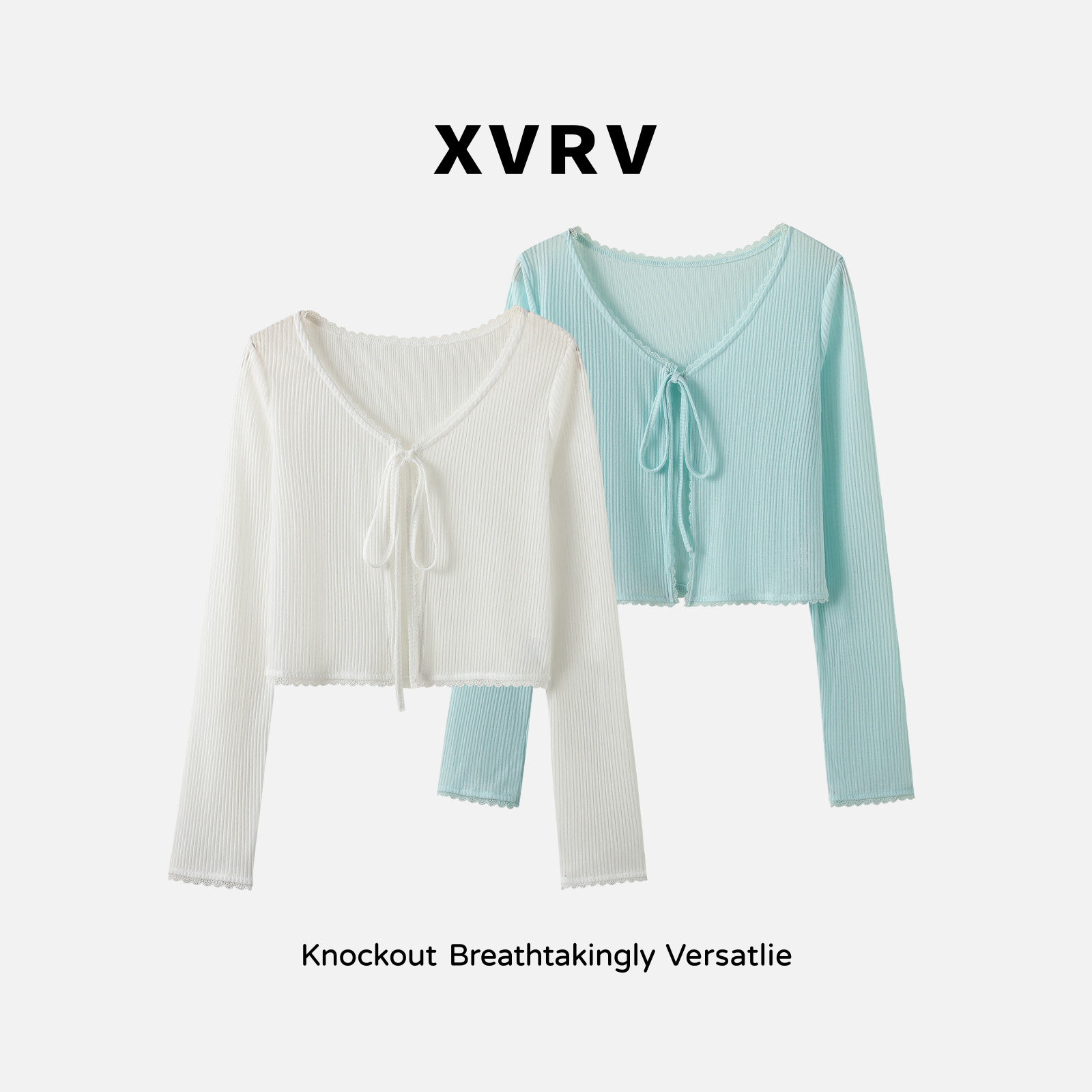 XVRV2026夏季新款白色肌理感绑带蕾丝V领防晒罩衫女修身显瘦外套图片