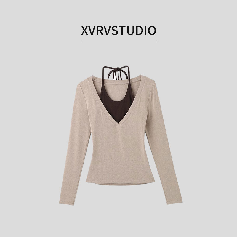 XVRV韩系挂脖长袖T恤女早秋穿搭氛围感巨好看内搭打底衫上衣