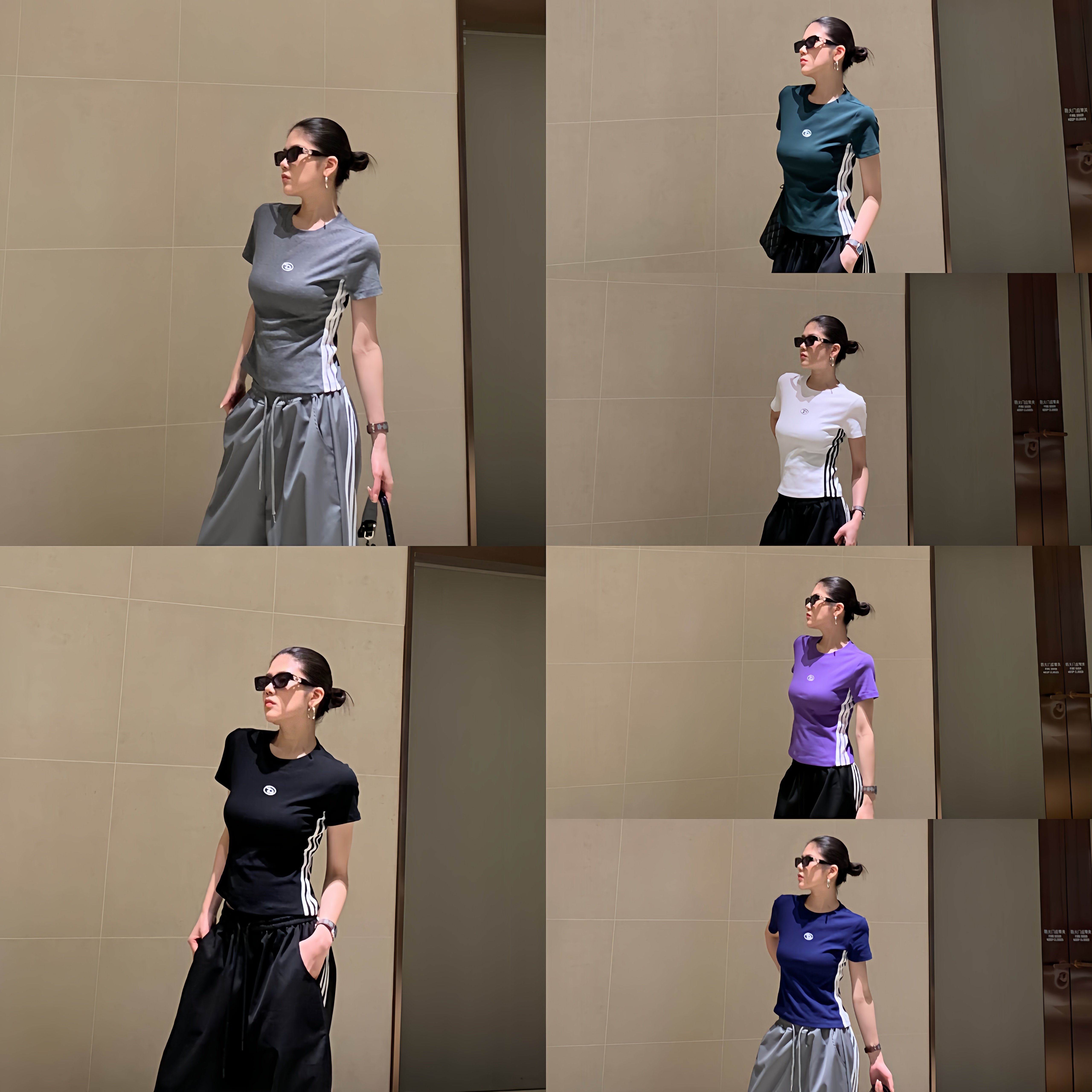 XVRV2026夏季新款双侧收腰条纹修身休闲百搭女运动T恤短袖图片