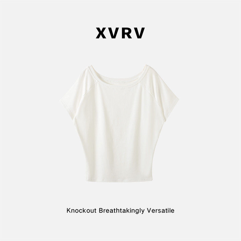 XVRV辣妹斜肩露肩短袖衣服女装新款高级感宽松显瘦一字肩短款上衣图片