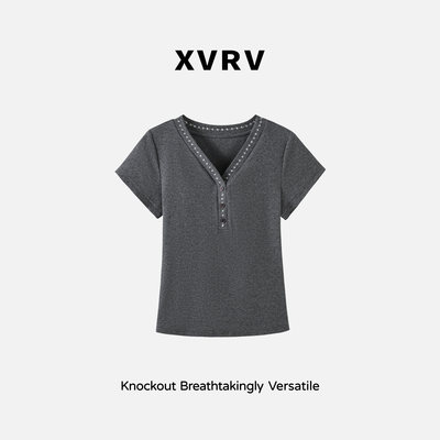 XVRVv领专机刺绣设计感2026夏季新款宽松正肩显瘦修身短袖T恤女