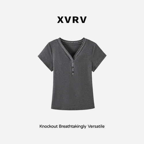 XVRVv领专机刺绣设计感2026夏季新款宽松正肩显瘦修身短袖T恤女