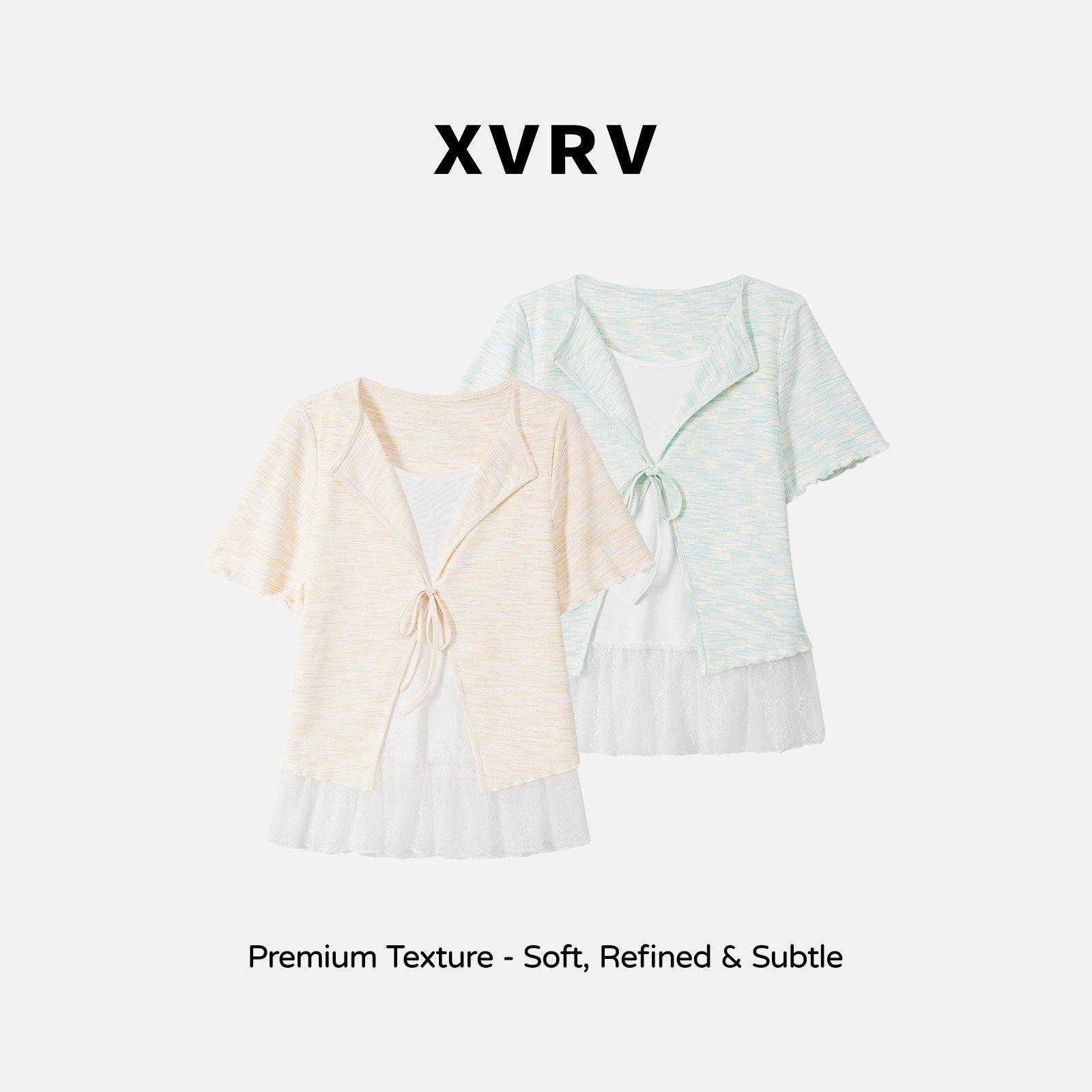 XVRV2026秋季新款翻领细绳短袖拼接蕾丝假两件T恤休闲运动上衣图片
