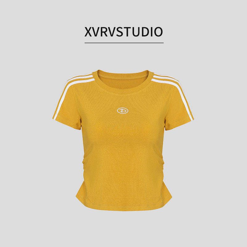 XVRV【夏上新】新款条纹圆领套头修身短袖T恤女装设计感上衣女图片