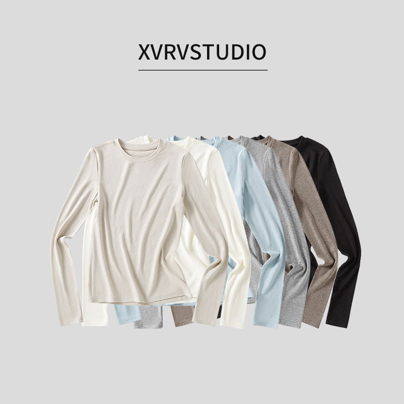 XVRV圆领正肩长袖t恤女秋季韩系内搭打底衫修身显瘦别致上衣