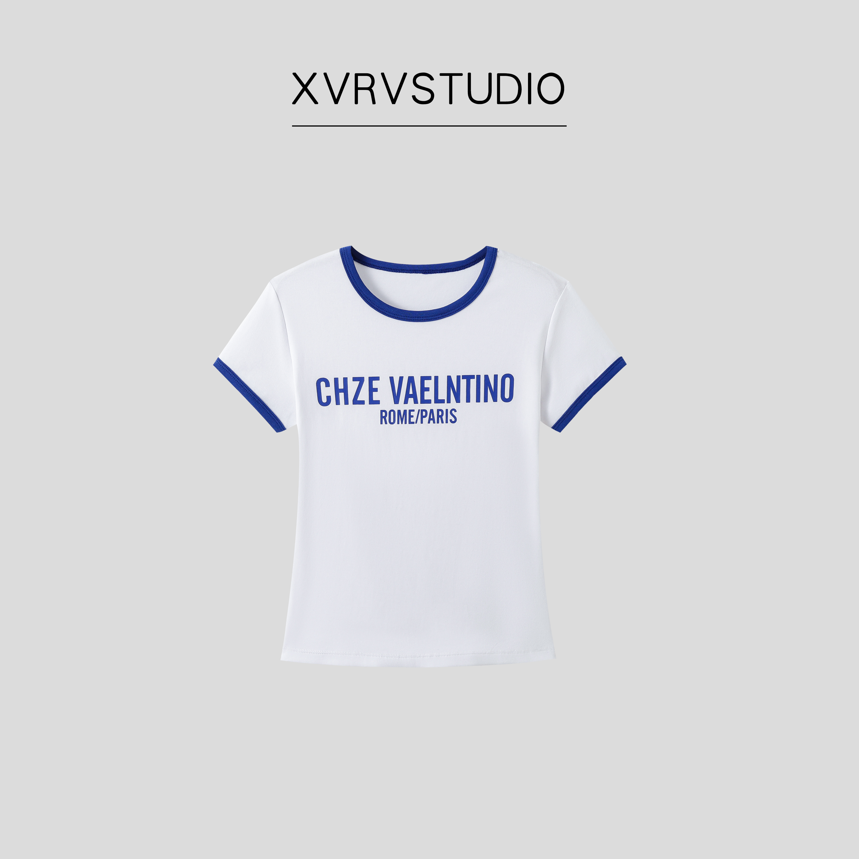 XVRV【夏上新】简约撞色领口拼接t恤小众设计感上衣女显瘦短袖