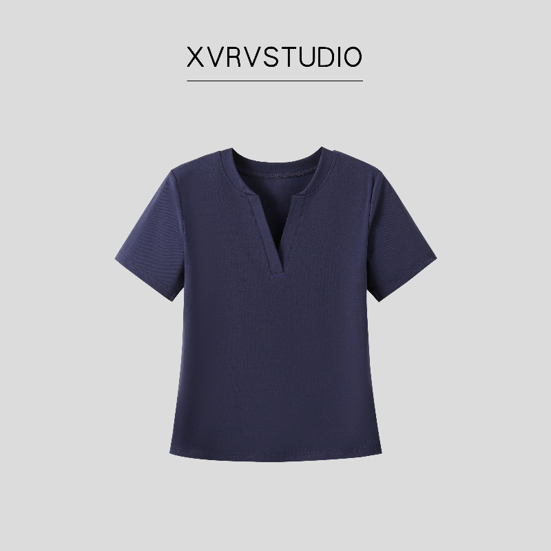 XVRV夏上新剪刀领收腰显瘦运动T恤女纯色户外百搭显瘦短袖上衣
