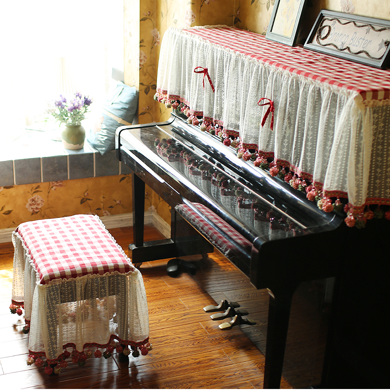 【成品】美式乡村田园红格子x蕾丝钢琴罩子钢琴盖巾防尘巾钢琴凳