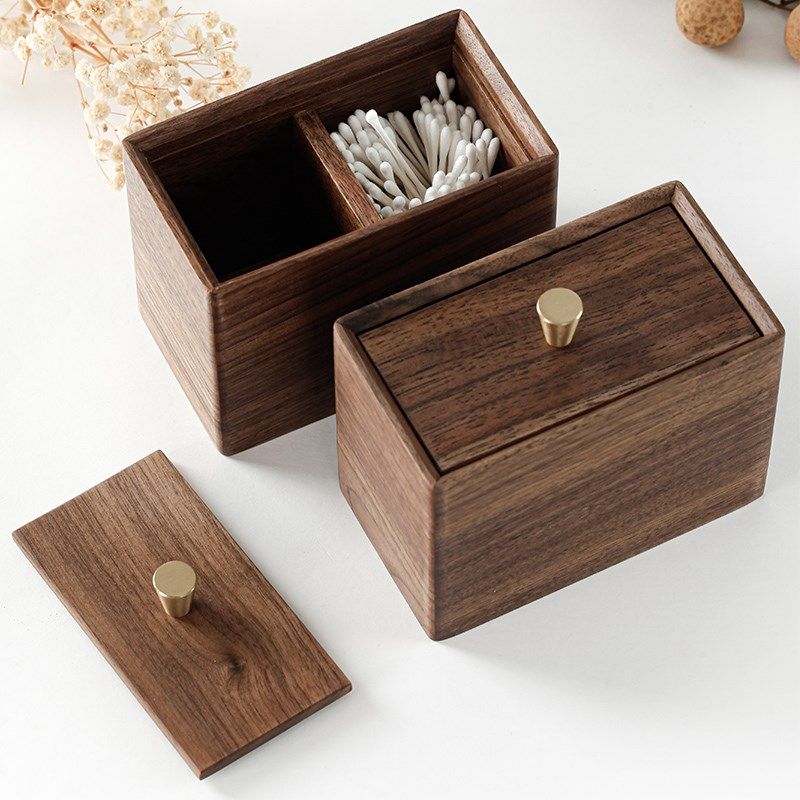 北美黑胡桃实木带盖双p格棉签牙线牙签收纳盒 桌面杂物收纳小木盒,收纳整理,棉签收纳盒/袋,淘宝优惠券,粉丝福利购,淘宝优惠卷