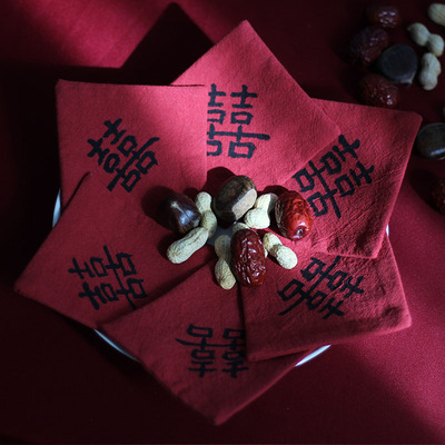 囍事临门喜字杯垫布艺结婚敬茶托盘 婚房装饰 婚庆Z拍摄影道具