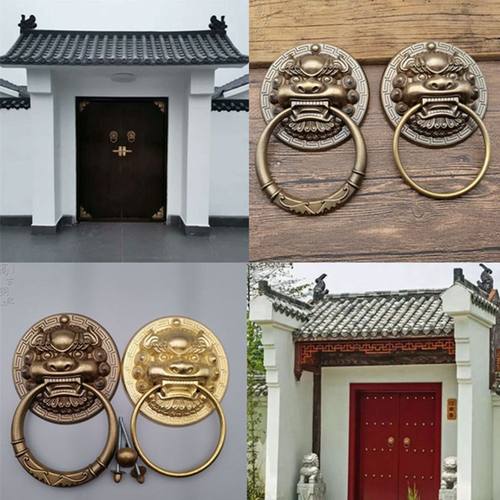仿古纯铜麒麟兽头门环虎头狮子头古铜G色拉手农村中式庭院大门把