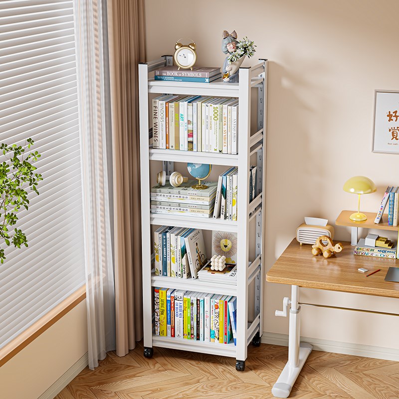 铁艺书架一体靠墙可移动落地x置物架带轮家用儿童简易书柜收纳柜