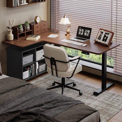 wework转角电动升降桌L型书桌实木电脑桌电竞桌家用办公桌工作台