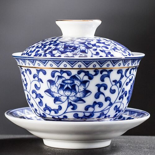 盖碗茶杯 茶碗大号茶具 景德镇青花瓷泡茶碗陶瓷白瓷X三才碗手抓