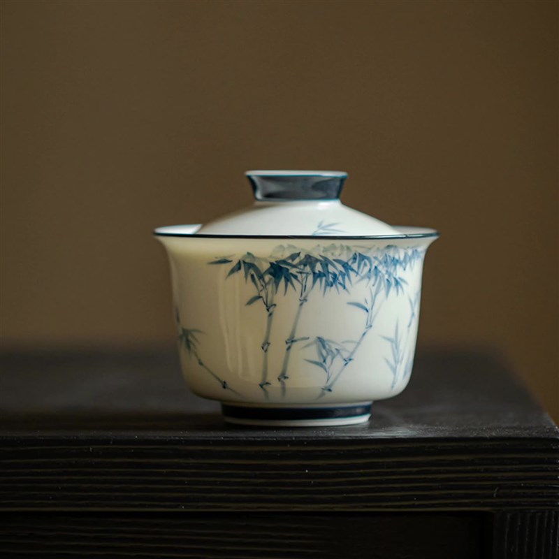 夏禾茶具新品盖碗釉下彩手绘青花竹子家用功夫茶O140ml泡茶碗茶杯