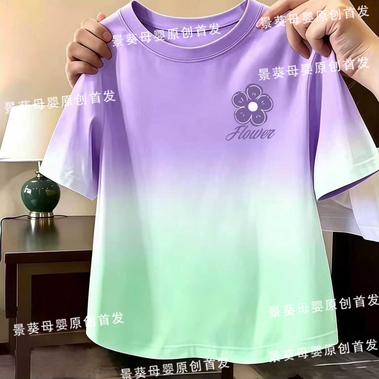 女童夏季短袖T恤纯棉渐变新款扎T恤