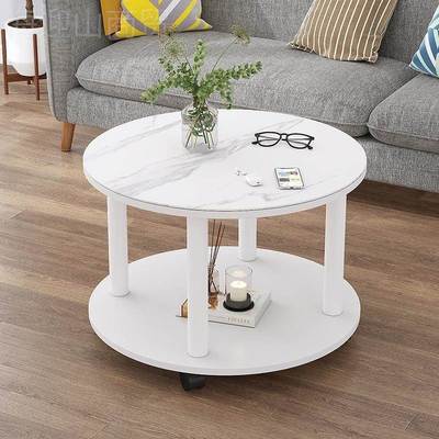 形岩板璃可木板茶几DRY小户型圆客厅家用边几玻喝茶桌加轮子移动