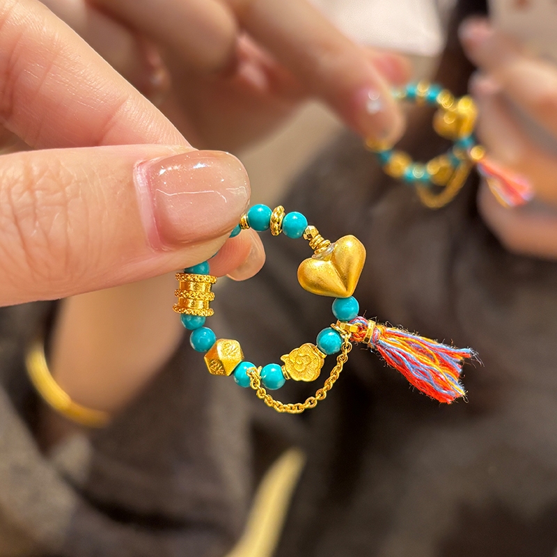 复古五彩绳金色皮套绿松色戒指女新款小众设计感生日礼物送女友