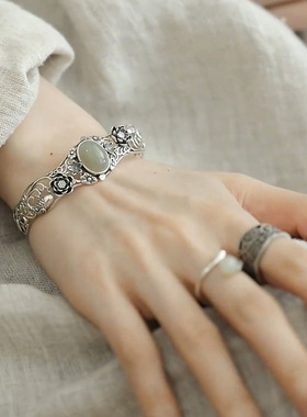 复古新中式锦鲤戏莲花手镯子开口做旧女小众百搭民族风简约高级感
