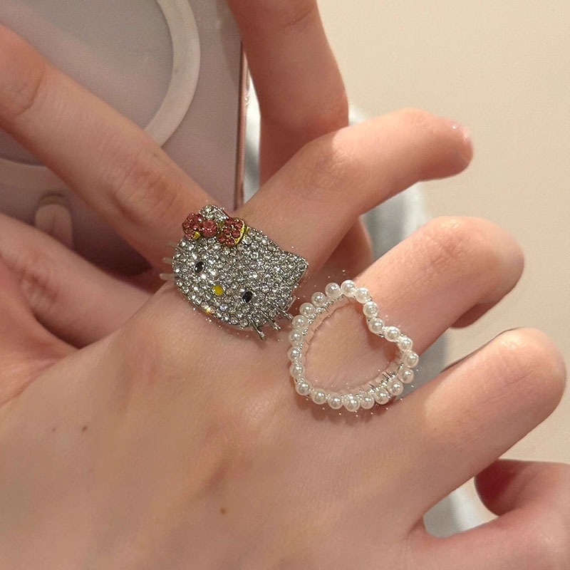 KT猫仿珍珠爱心戒指爆闪指环