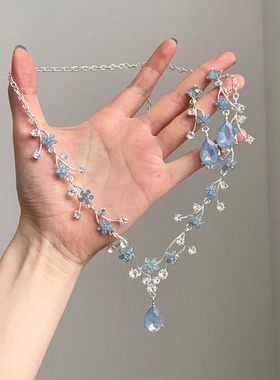 清冷感蓝色水滴项链绝美宫廷风