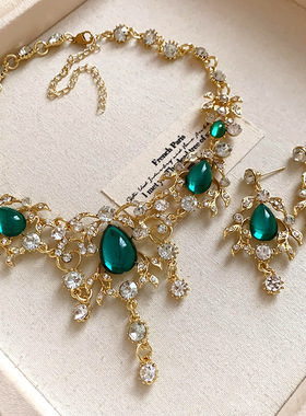 金枝绿叶~重工镶钻水滴项链女复古宫廷风气质宴会锁骨链耳环配饰