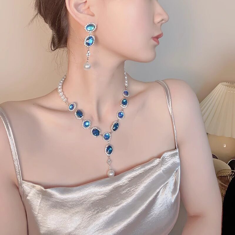 轻奢欧美名媛风蓝色锆石项链