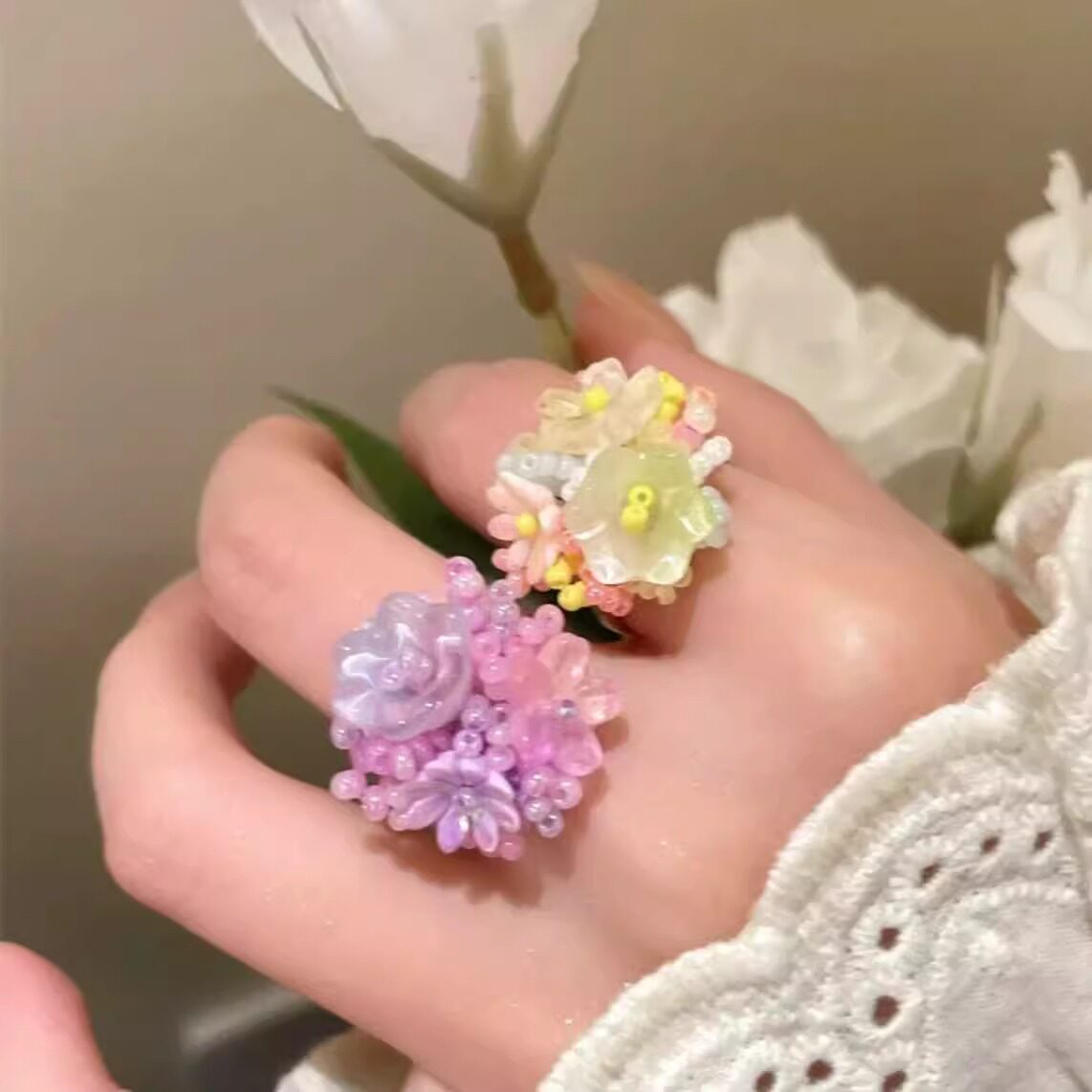 手指捧花 多巴胺夏日氛围感甜蜜花朵指环少女心手作减龄彩色戒指