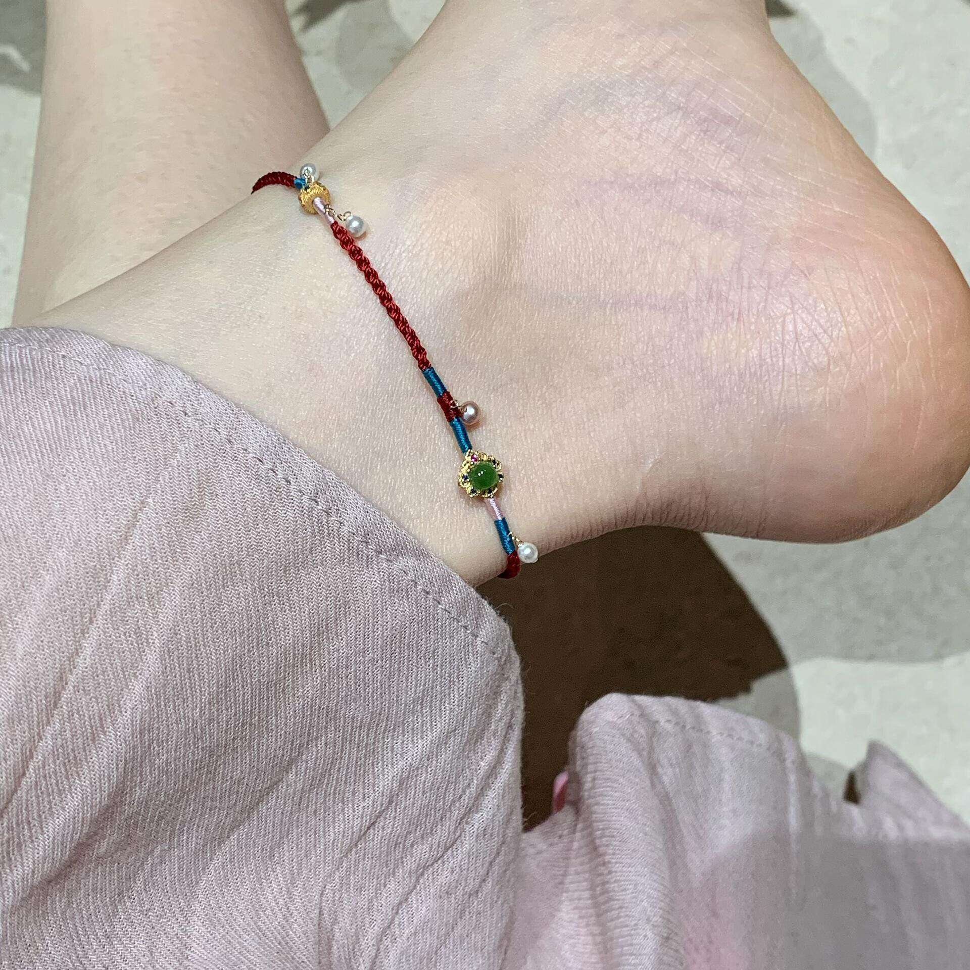 如意平安扣金色钱币编织脚链新中式双层叠戴红绳本命年如意手饰