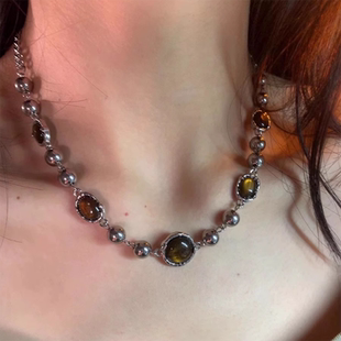 古着vintage虎眼色项链轻奢小众高级感气质卫衣锁骨链中古毛衣链