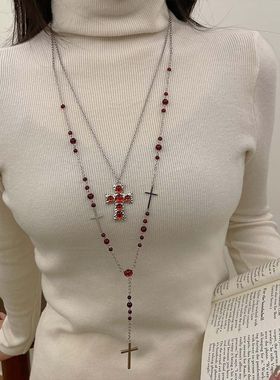 辣妹y2k哥特风个性红色奢华十字架长款叠戴项链女小众潮流锁骨链