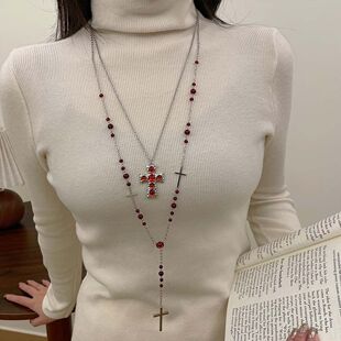 辣妹y2k哥特风个性红色奢华十字架长款叠戴项链女小众潮流锁骨链