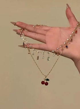夏季新款田园风双层叠戴爱心樱桃项链甜美森系红色水晶串珠锁骨链