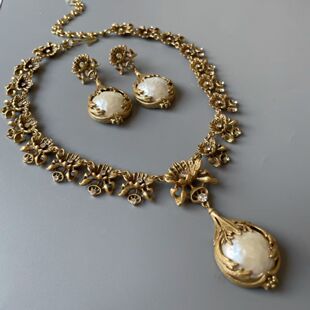 「白慕烟岚」复古做旧金贝珠巴洛克耳环项链中古vintage项链套装