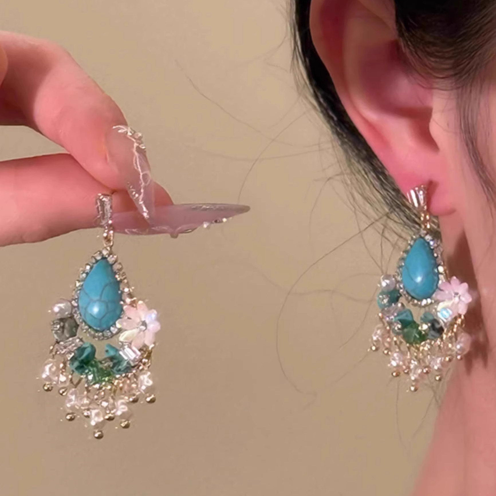 复古民族风精致绿松石流苏吊坠耳环女高级感气质度假风耳钉耳饰品